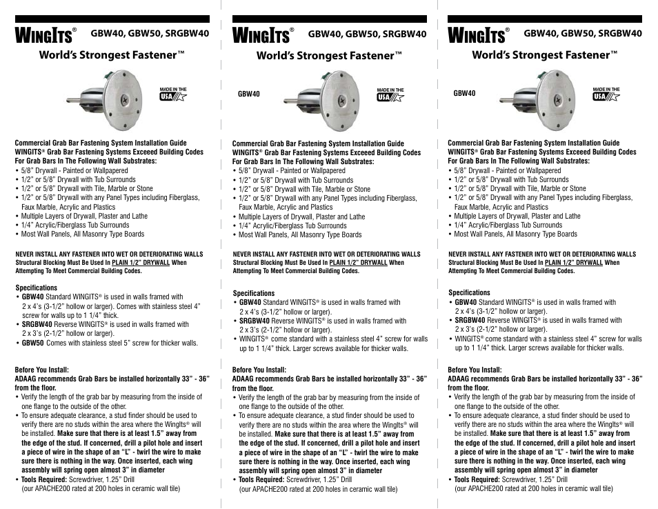 WINGITS Grab Bar GBW40 User Manual | 2 pages