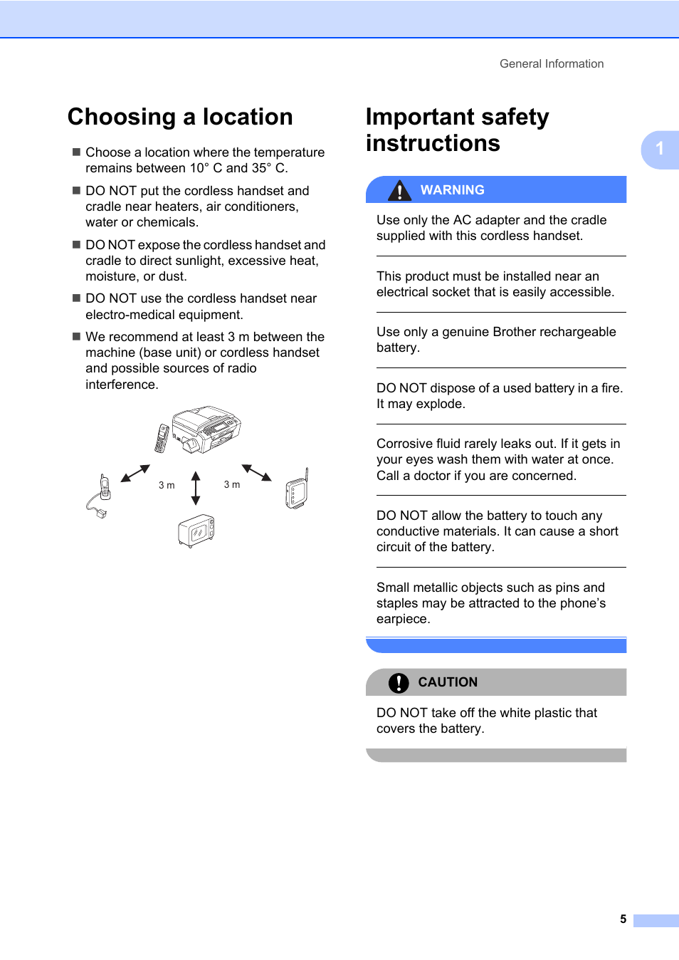 Choosing a location, Important safety instructions, Choosing a location important safety instructions | Warning, Use only a genuine brother rechargeable battery, Caution | Brother DECT BCL-D70 User Manual | Page 11 / 38