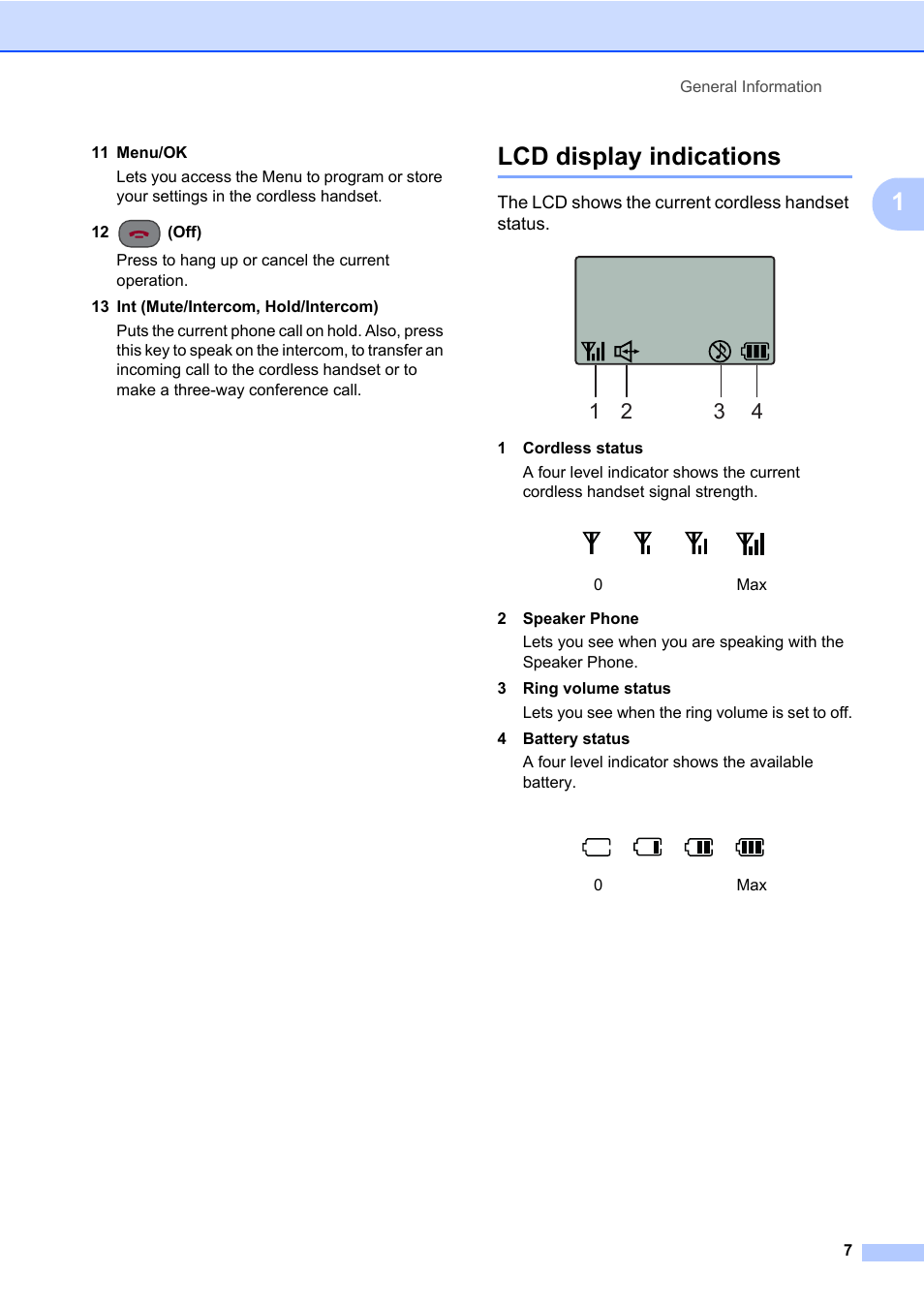 Lcd display indications | Brother DECT BCL-D70 User Manual | Page 13 / 38