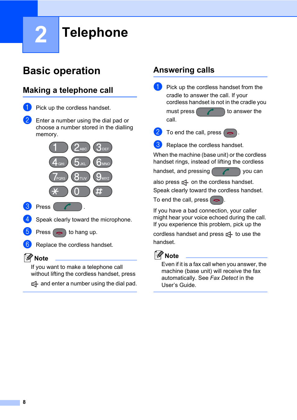 2 telephone, Basic operation, Making a telephone call | Answering calls, Telephone, Making a telephone call answering calls | Brother DECT BCL-D70 User Manual | Page 14 / 38