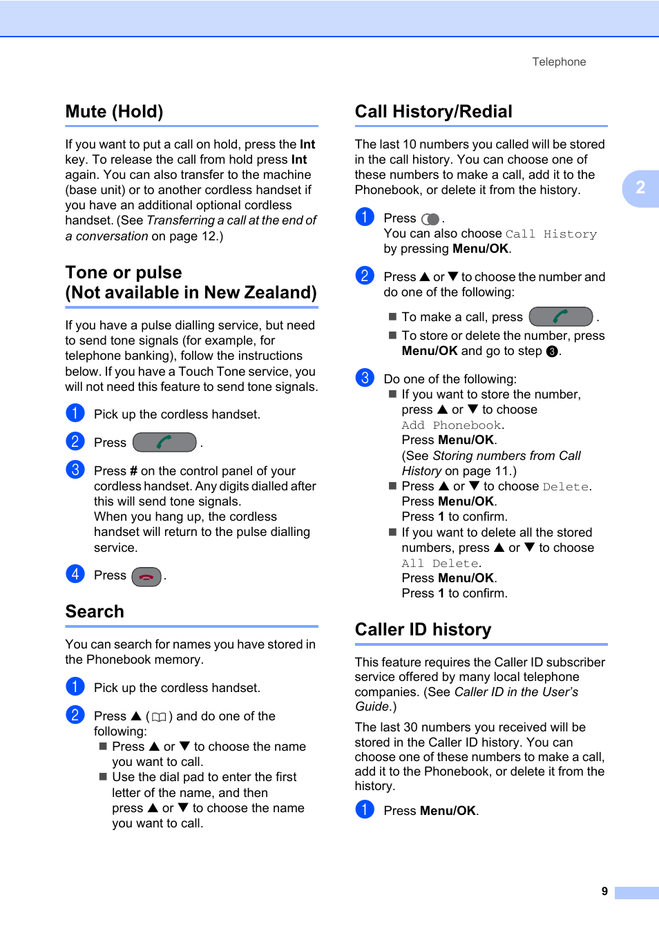 Mute (hold), Tone or pulse (not available in new zealand), Search | Call history/redial, Caller id history, Mute (hold) tone or pulse, Not available in new zealand), Search call history/redial caller id history, 2mute (hold) | Brother DECT BCL-D70 User Manual | Page 15 / 38