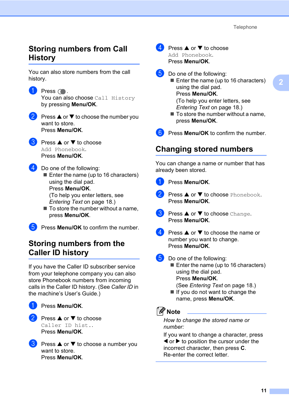 Storing numbers from call history, Storing numbers from the caller id history, Changing stored numbers | 2storing numbers from call history | Brother DECT BCL-D70 User Manual | Page 17 / 38