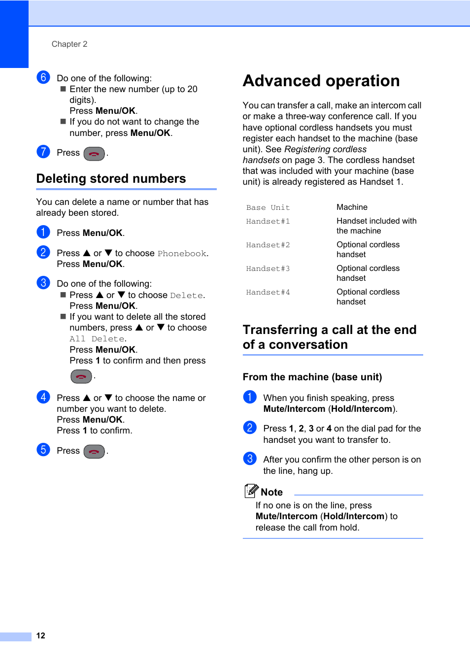 Deleting stored numbers, Advanced operation, Transferring a call at the end of a conversation | From the machine (base unit) | Brother DECT BCL-D70 User Manual | Page 18 / 38