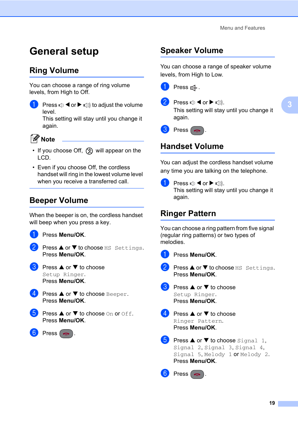 General setup, Ring volume, Beeper volume | Speaker volume, Handset volume, Ringer pattern | Brother DECT BCL-D70 User Manual | Page 25 / 38