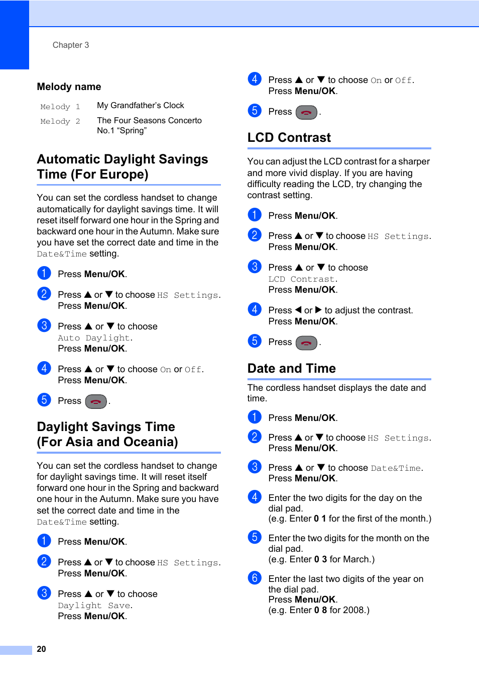 Automatic daylight savings time (for europe), Daylight savings time (for asia and oceania), Lcd contrast | Date and time, For asia and oceania), Lcd contrast date and time | Brother DECT BCL-D70 User Manual | Page 26 / 38