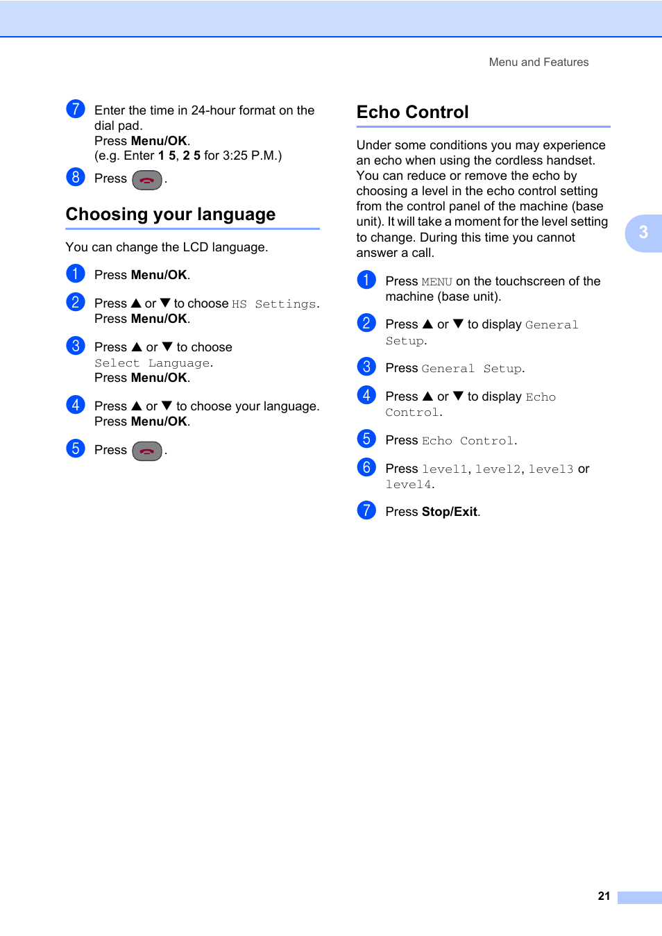 Choosing your language, Echo control, Choosing your language echo control | Brother DECT BCL-D70 User Manual | Page 27 / 38