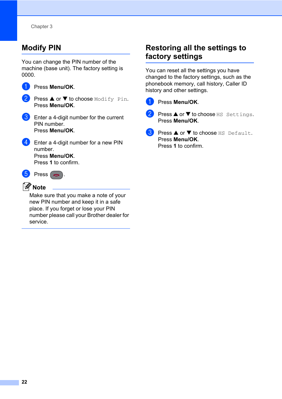 Modify pin, Restoring all the settings to factory settings | Brother DECT BCL-D70 User Manual | Page 28 / 38