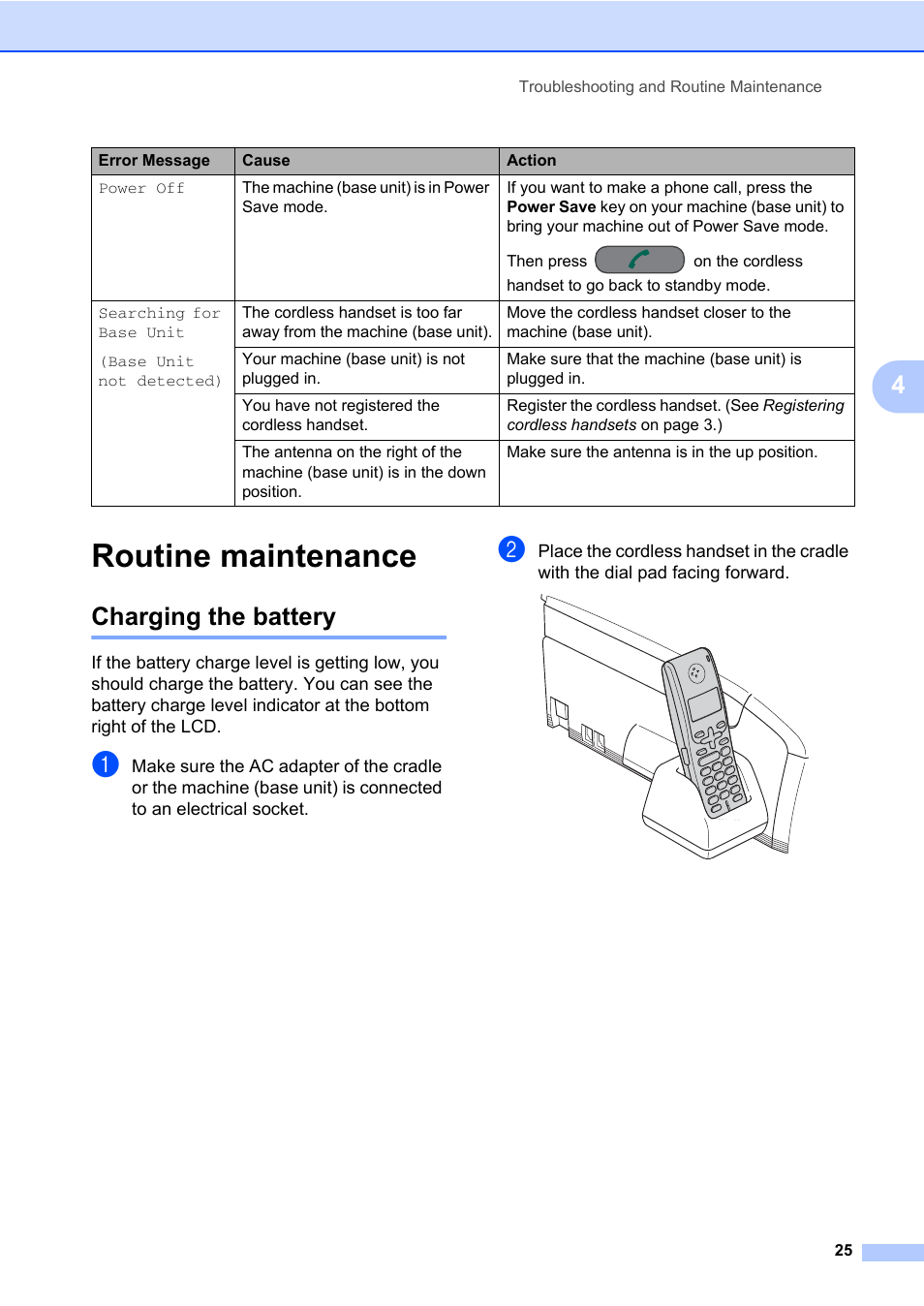 Routine maintenance, Charging the battery | Brother DECT BCL-D70 User Manual | Page 31 / 38