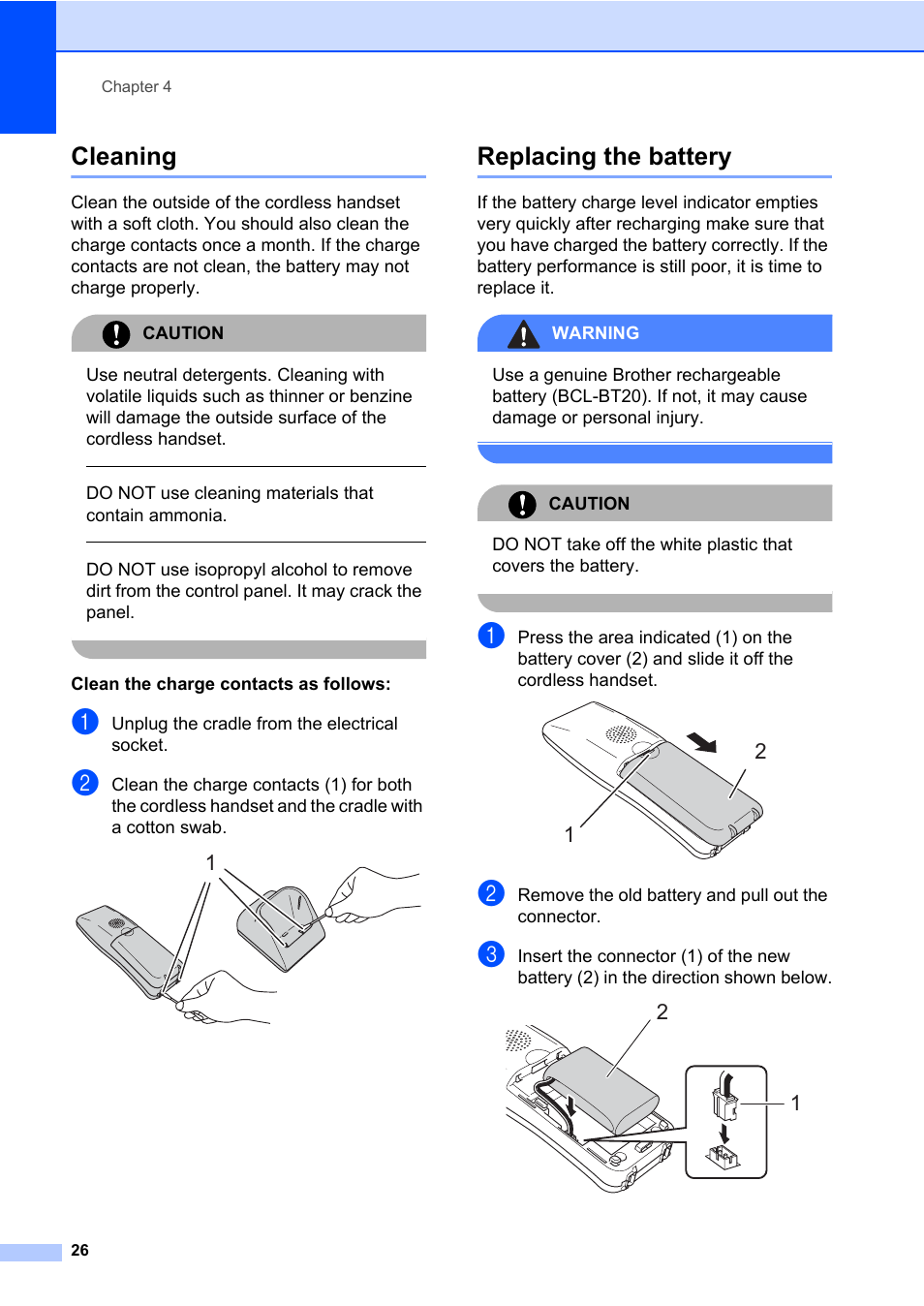 Cleaning, Replacing the battery, Cleaning replacing the battery | Brother DECT BCL-D70 User Manual | Page 32 / 38