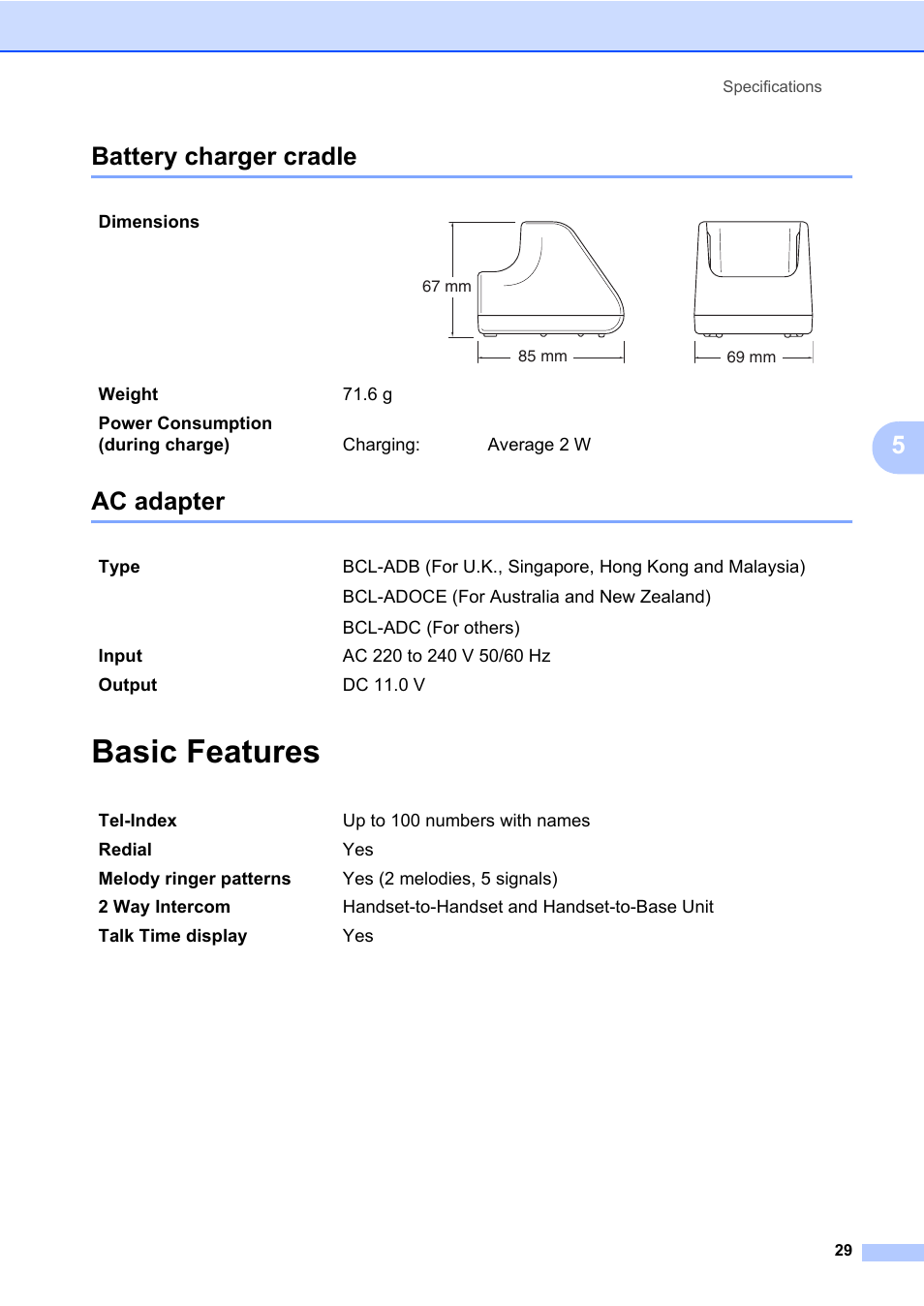 Battery charger cradle, Ac adapter, Basic features | Battery charger cradle ac adapter, 5battery charger cradle | Brother DECT BCL-D70 User Manual | Page 35 / 38