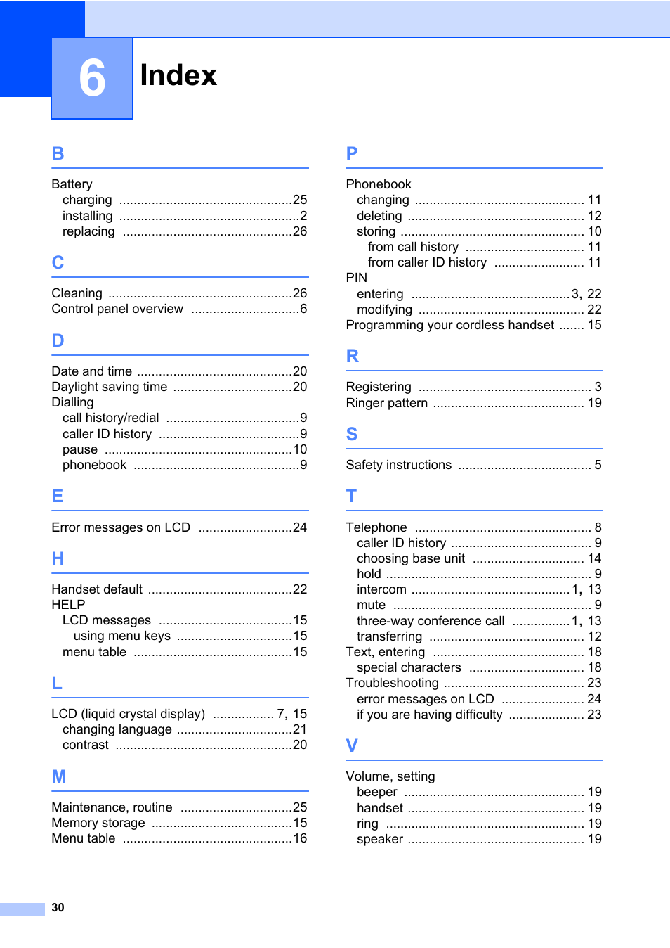 6 index, Index | Brother DECT BCL-D70 User Manual | Page 36 / 38