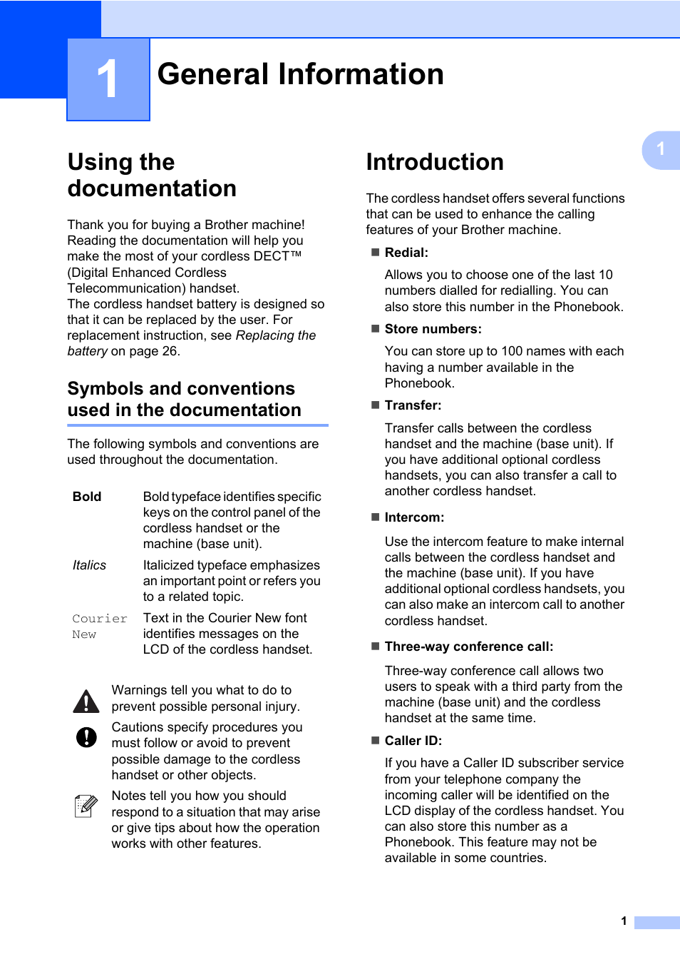 1 general information, Using the documentation, Symbols and conventions used in the documentation | Introduction, General information | Brother DECT BCL-D70 User Manual | Page 7 / 38