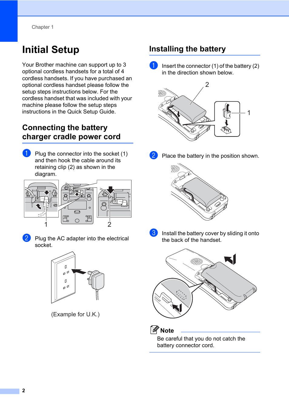 Initial setup, Connecting the battery charger cradle power cord, Installing the battery | Brother DECT BCL-D70 User Manual | Page 8 / 38