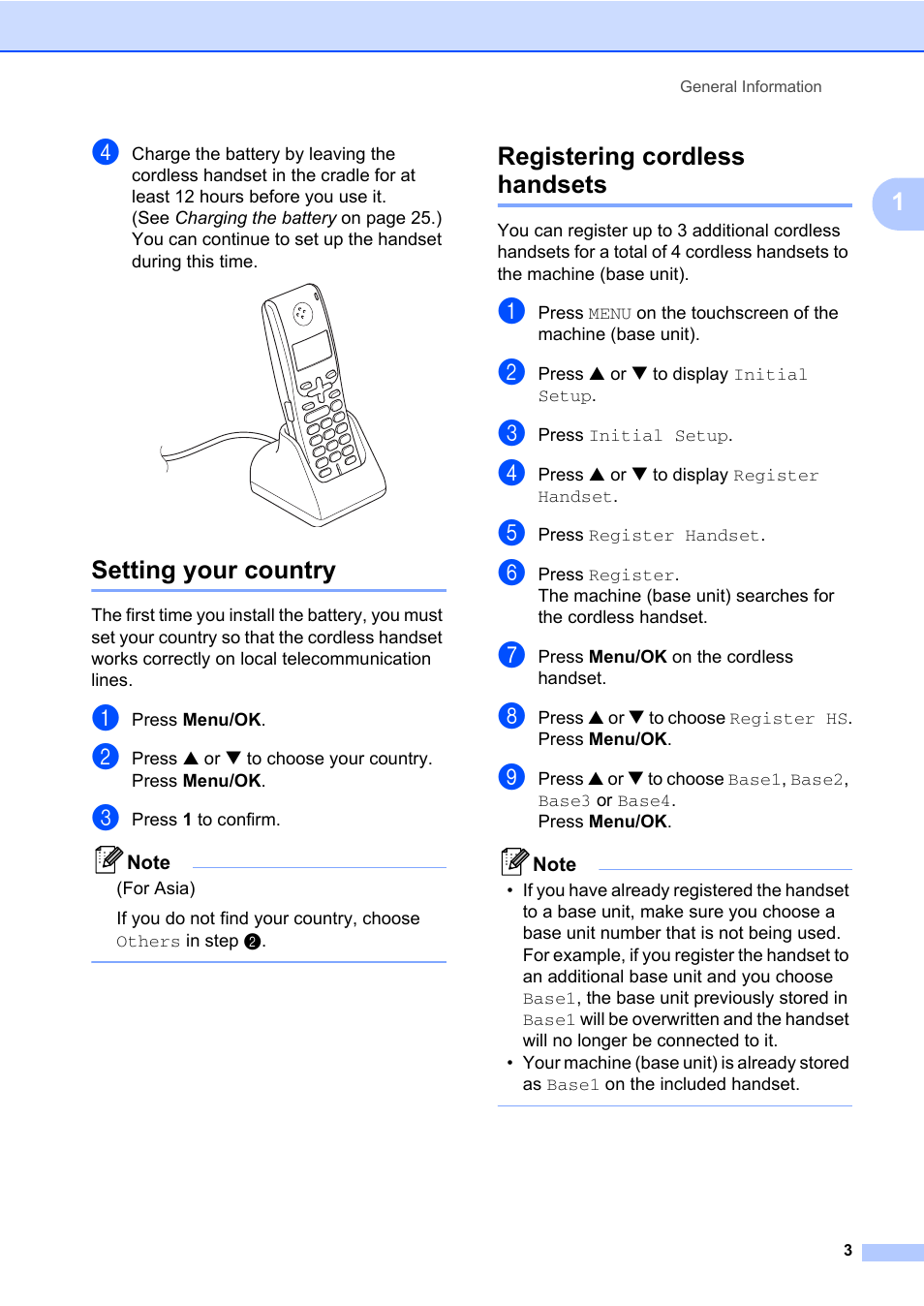 Setting your country, Registering cordless handsets, Setting your country registering cordless handsets | Brother DECT BCL-D70 User Manual | Page 9 / 38