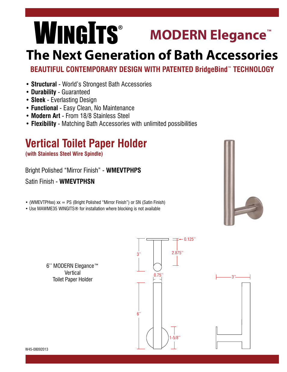 WINGITS MODERN Toilet Paper Holder Vertical WMEVTPHSN/PS User Manual | 2 pages