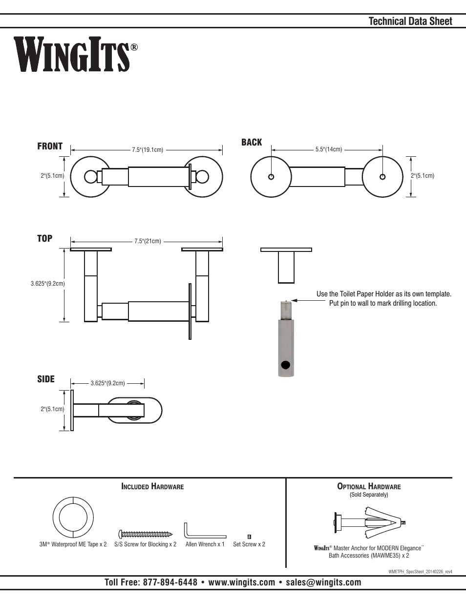 Technical data sheet, Front top side back | WINGITS MODERN Toilet Paper Holder WMETPHPS User Manual | Page 2 / 2