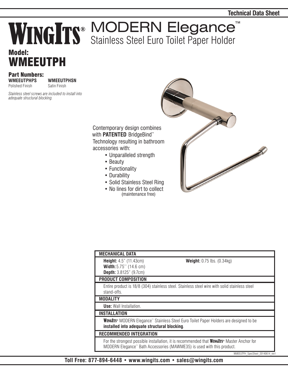 WINGITS MODERN Toilet Paper Holder Euro WMEEUTPHSN/PS User Manual | 2 pages