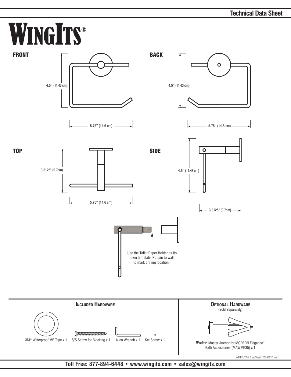 Technical data sheet, Front top back side | WINGITS MODERN Toilet Paper Holder Euro WMEEUTPHSN/PS User Manual | Page 2 / 2
