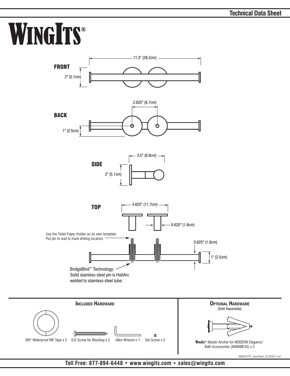 Technical data sheet, Front back side top | WINGITS MODERN Toilet Paper Holder Double Horizontal WMEDHTPHxx User Manual | Page 2 / 2