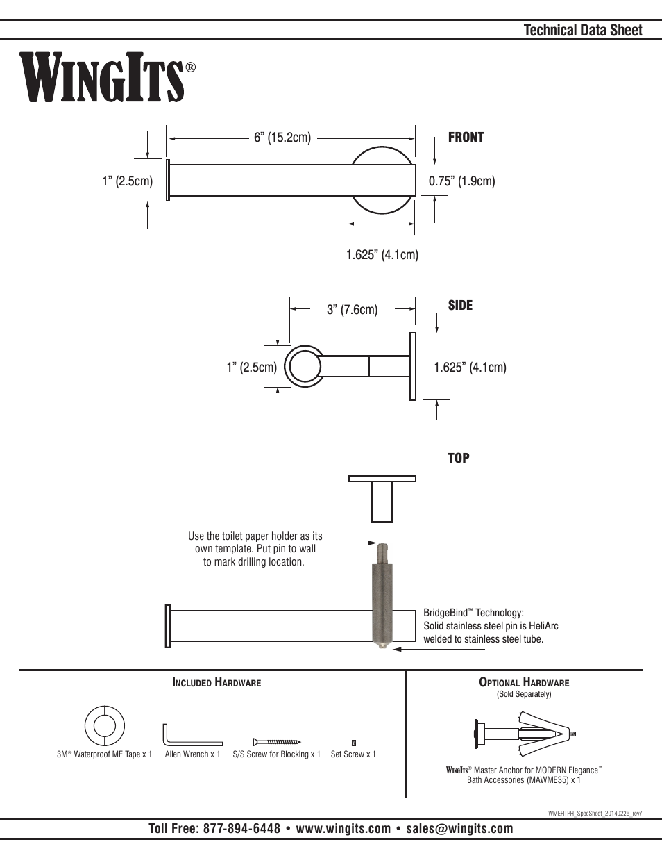 Technical data sheet, Front side top | WINGITS MODERN Toilet Paper Holder Horizontal Vertical WMEHVTPHxx User Manual | Page 2 / 2