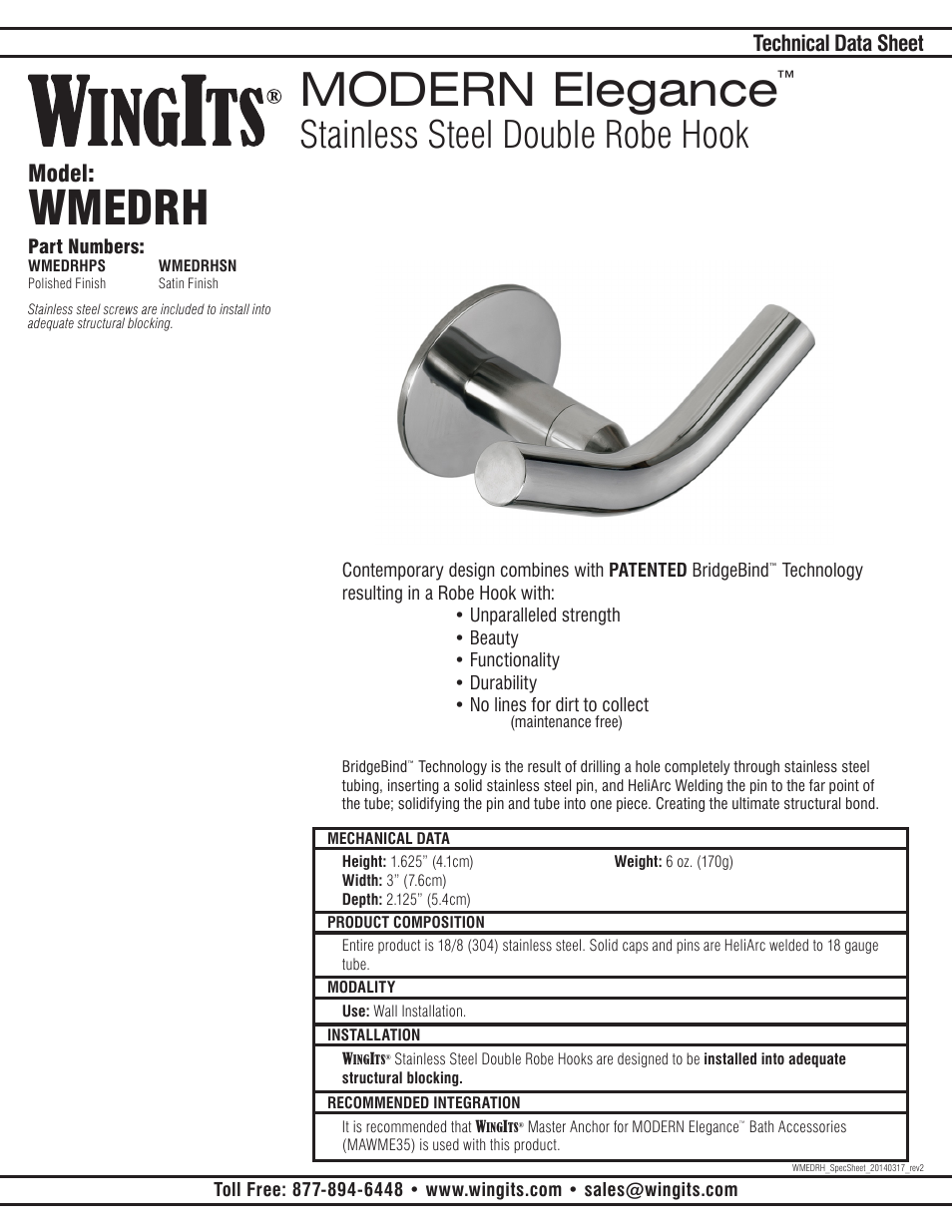 WINGITS MODERN Double Robe Hook WMEDRHSN/PS User Manual | 2 pages