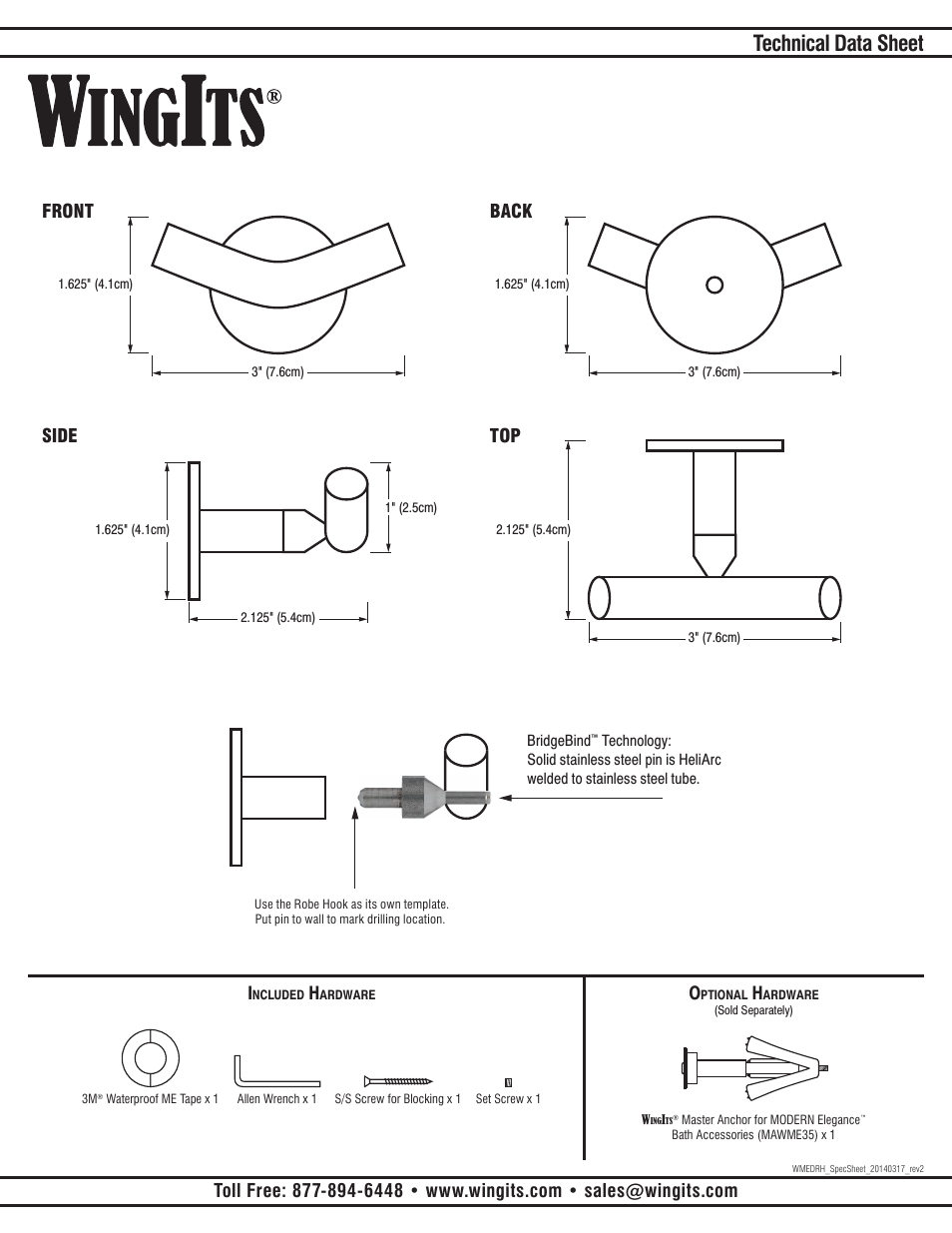 Technical data sheet, Front side back top | WINGITS MODERN Double Robe Hook WMEDRHSN/PS User Manual | Page 2 / 2