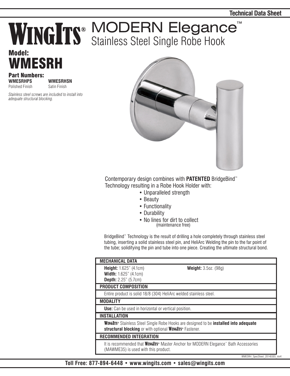 WINGITS MODERN Single Robe Hook WMESRHSN/PS User Manual | 2 pages