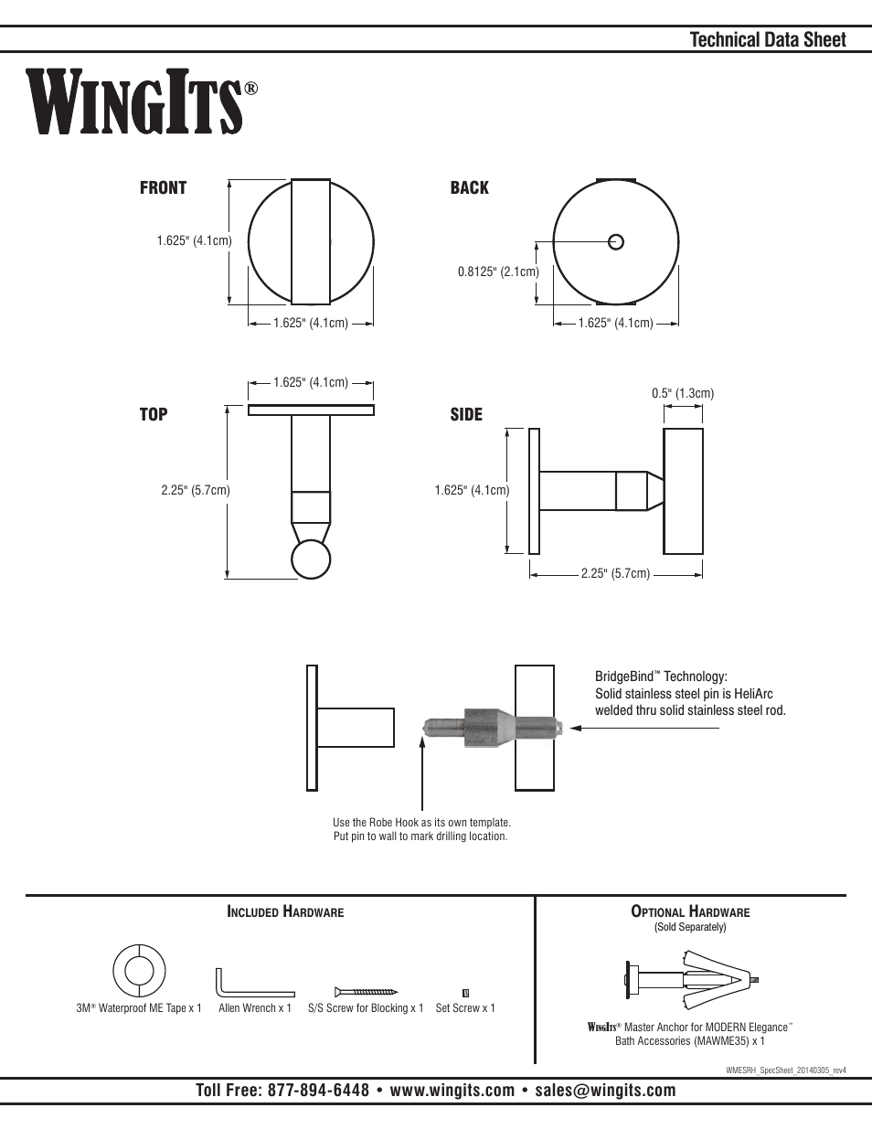 Technical data sheet, Front top back side | WINGITS MODERN Single Robe Hook WMESRHSN/PS User Manual | Page 2 / 2