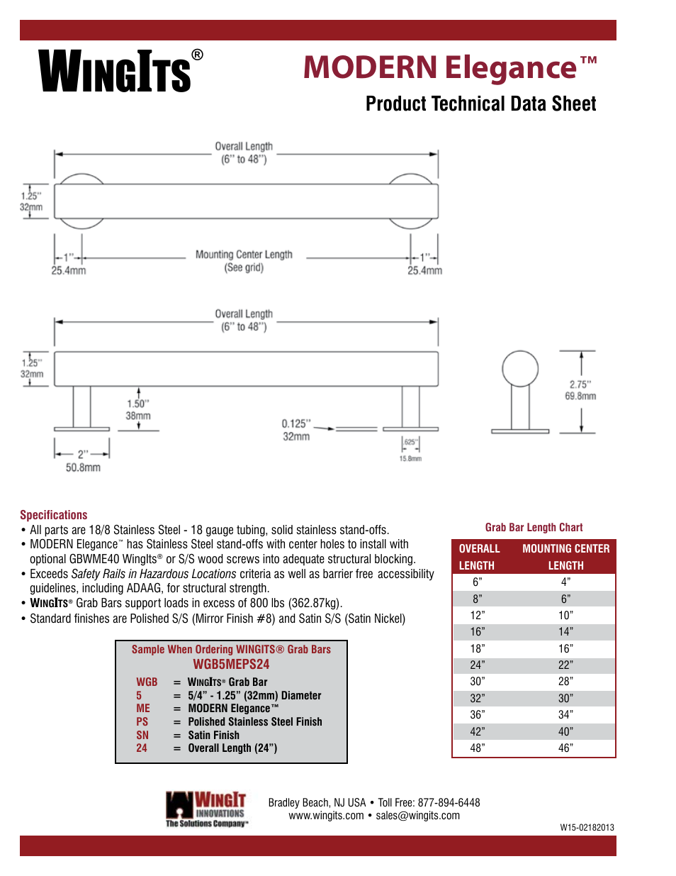 Modern elegance, Product technical data sheet | WINGITS MODERN Grab Bar WGB5MESN/PS User Manual | Page 2 / 3