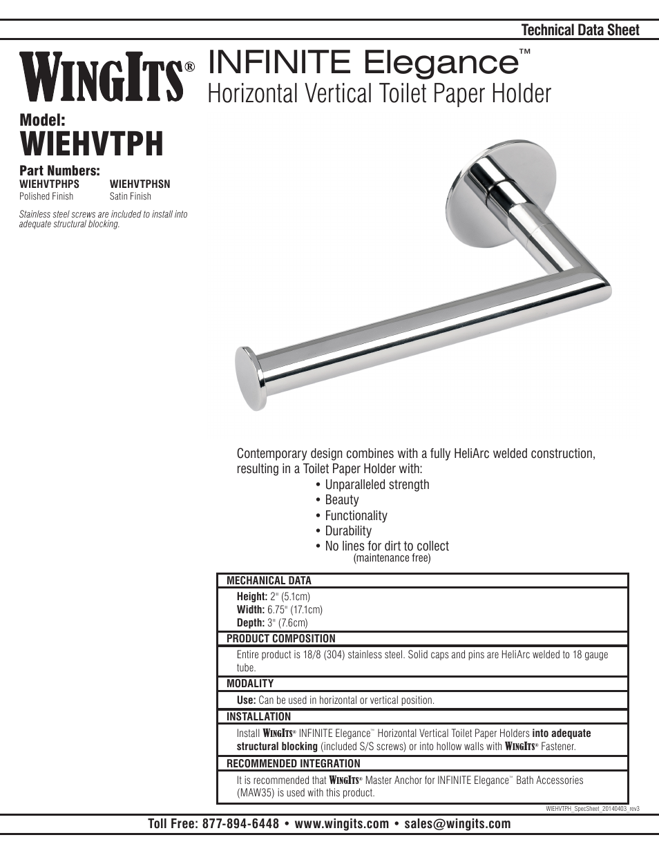 WINGITS INFINITE Toilet Paper Holder Horizontal Vertical WIEHVTPH User Manual | 2 pages