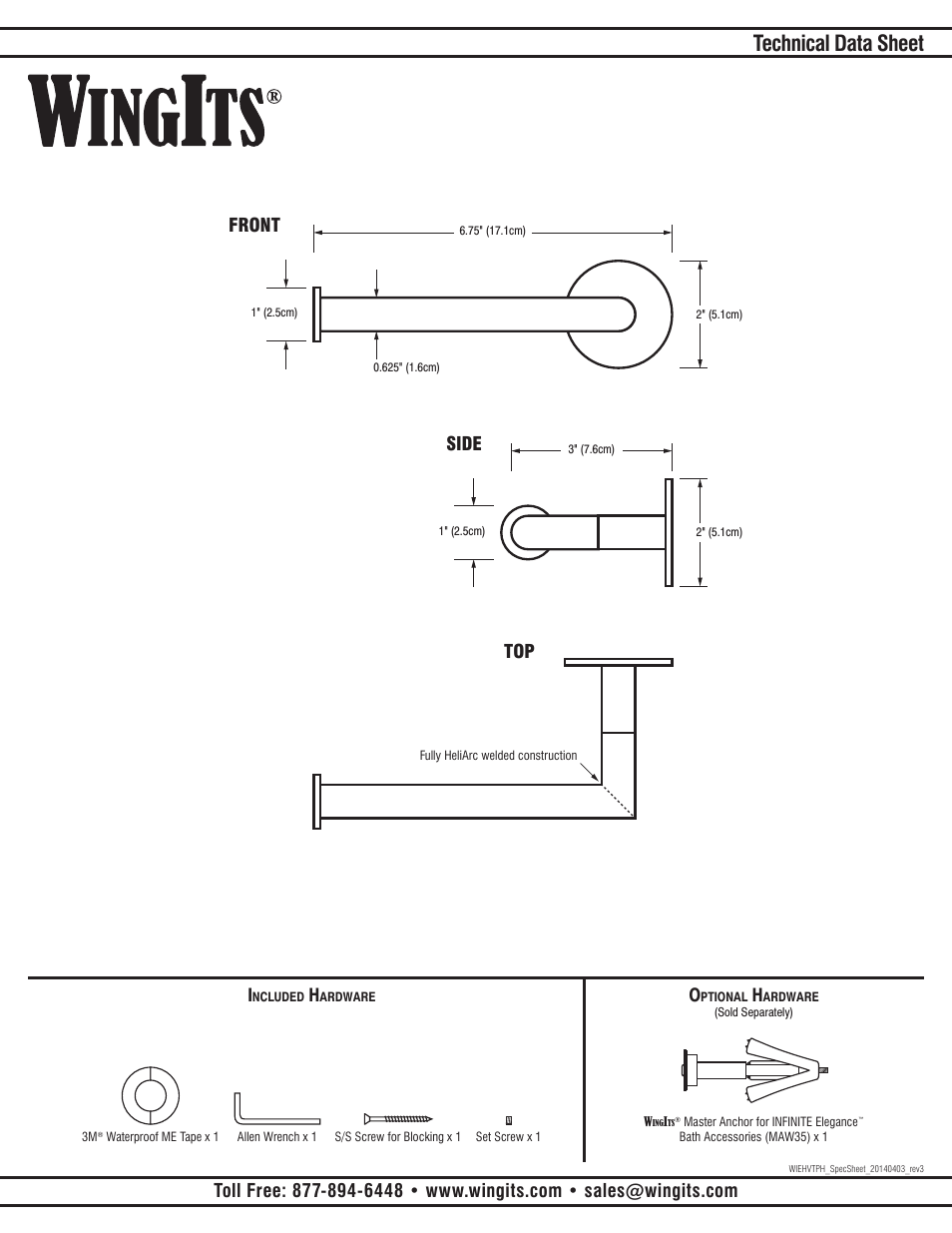 Technical data sheet, Front side top | WINGITS INFINITE Toilet Paper Holder Horizontal Vertical WIEHVTPH User Manual | Page 2 / 2