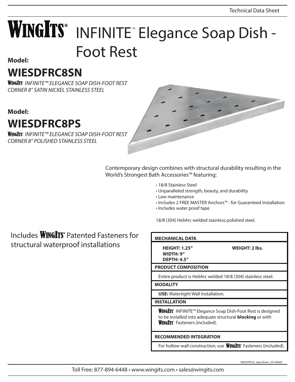 WINGITS INFINITE CORNER SOAP DISH-FOOT REST WIESDFRC8SN/PS User Manual | 2 pages