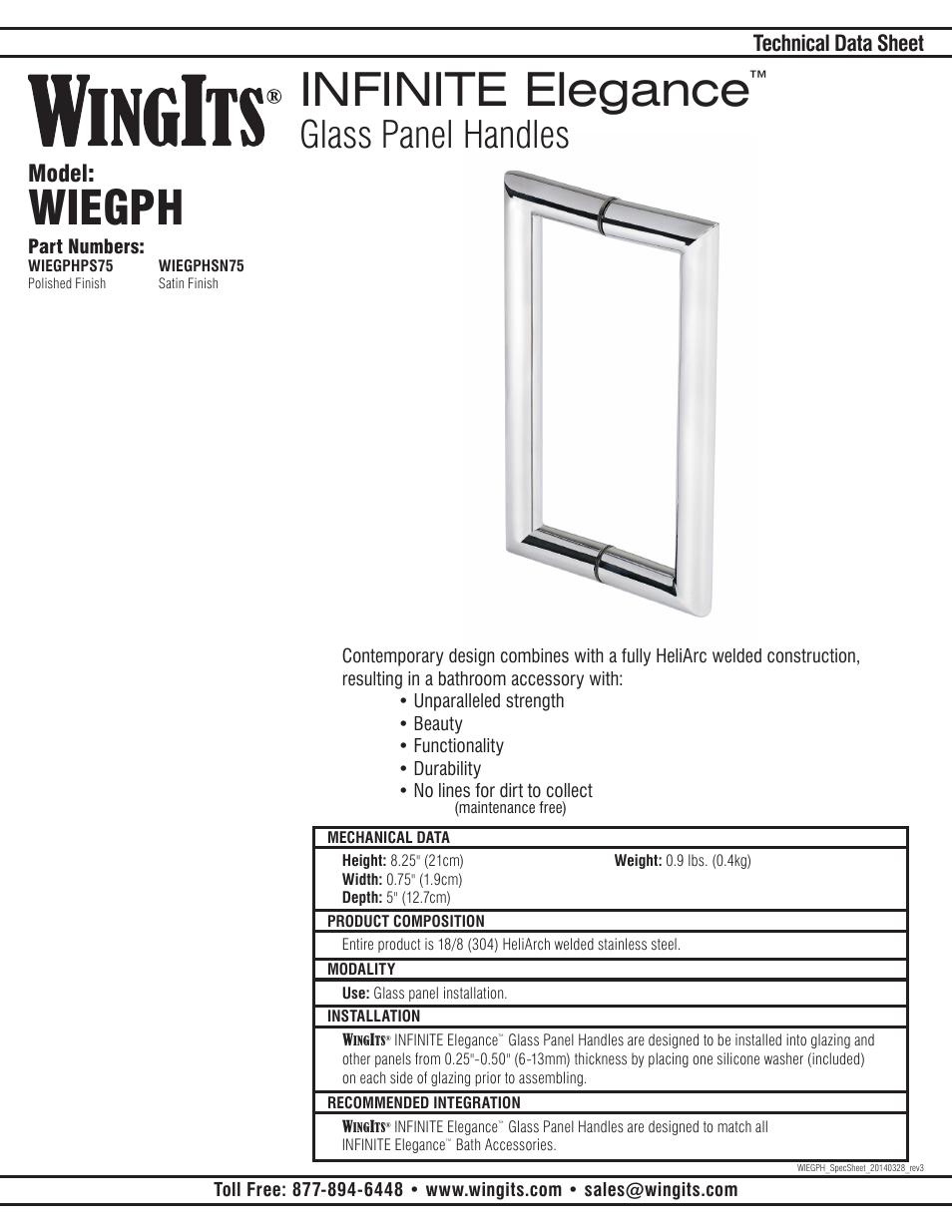 WINGITS INFINITE Glass Panel Handles WIEGPH User Manual | 2 pages