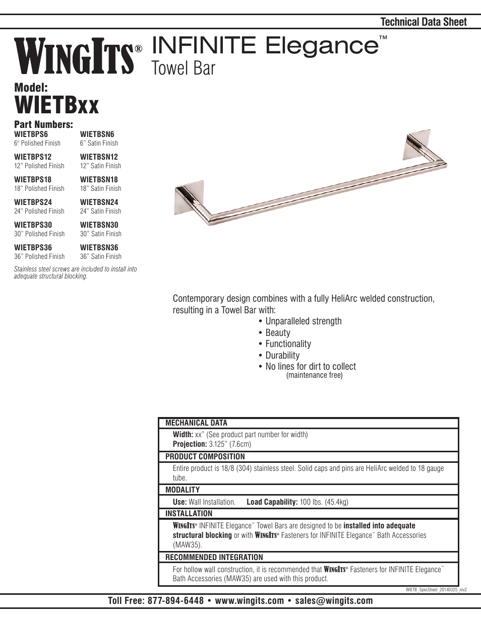 WINGITS INFINITE Towel Bar WIETBxx User Manual | 2 pages