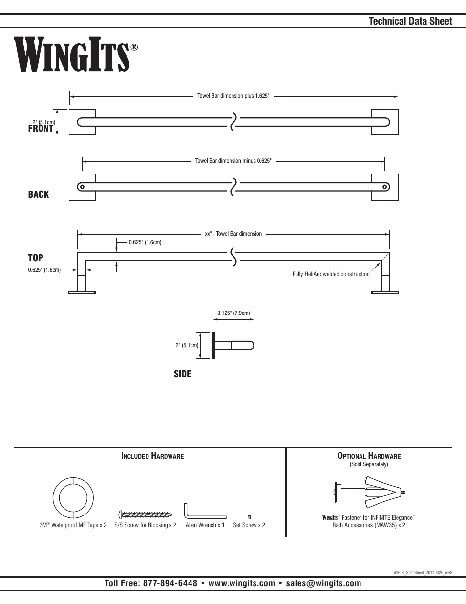 Technical data sheet, Front back top side | WINGITS INFINITE Towel Bar WIETBxx User Manual | Page 2 / 2