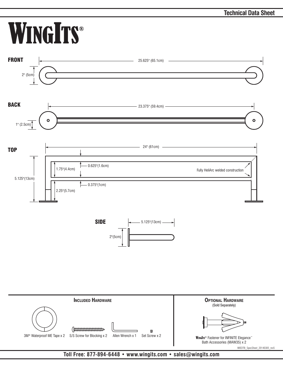 Technical data sheet, Front back top side | WINGITS INFINITE Towel Bar WIEDTBxx User Manual | Page 2 / 2