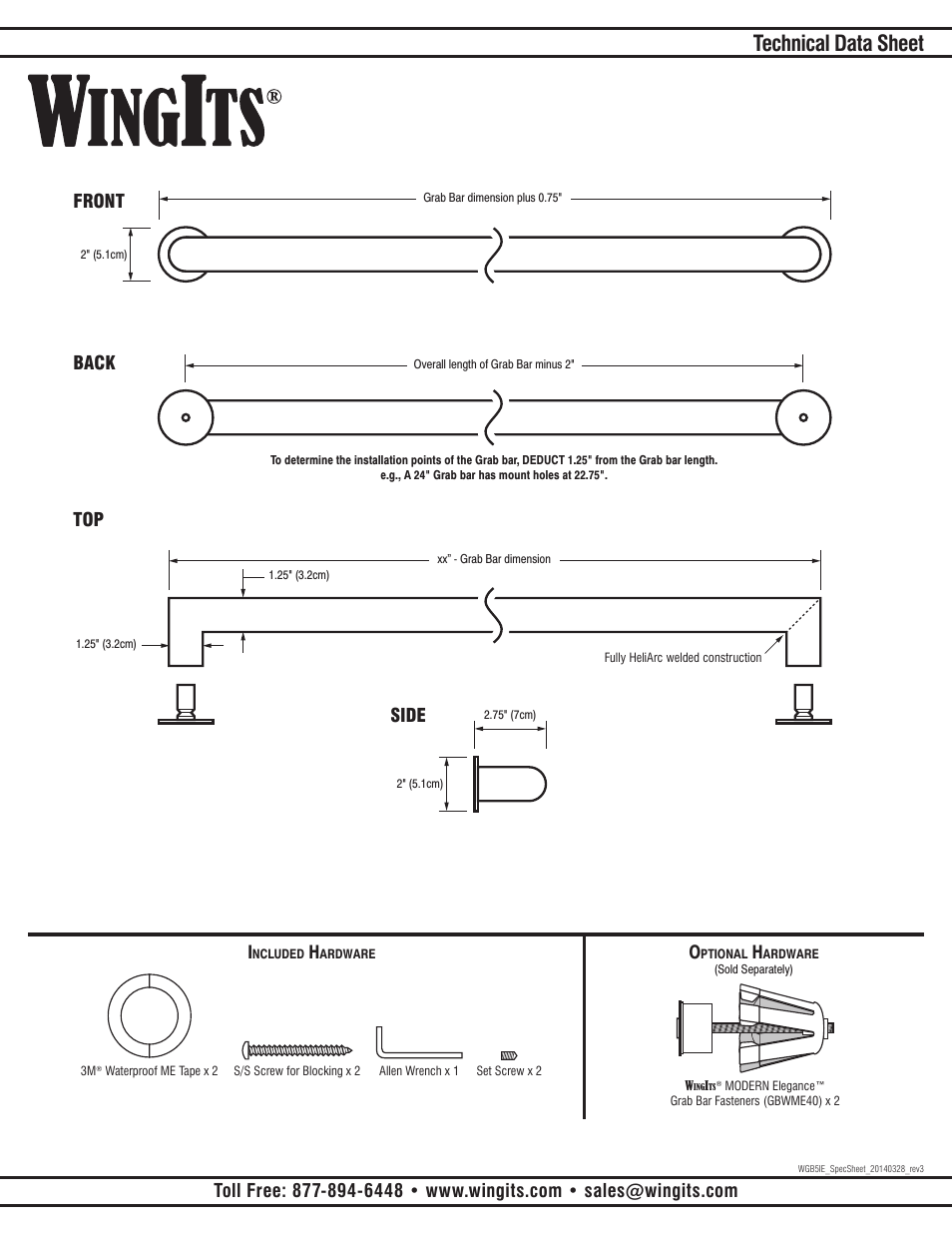 Technical data sheet, Front back top side | WINGITS INFINITE Grab Bar WGB5IExx User Manual | Page 2 / 2