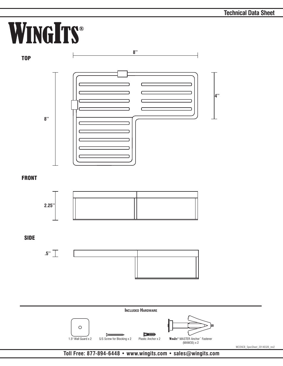 Technical data sheet, Front top, Side | WINGITS CONTOUR Corner Basket WCONBLCB User Manual | Page 2 / 2