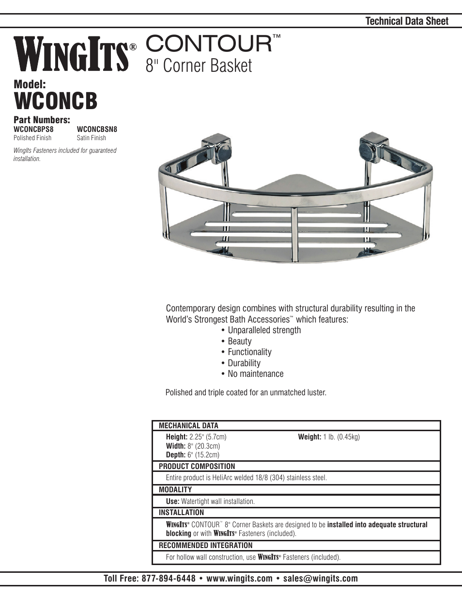 WINGITS CONTOUR Corner Basket WCONCBPS8 User Manual | 2 pages