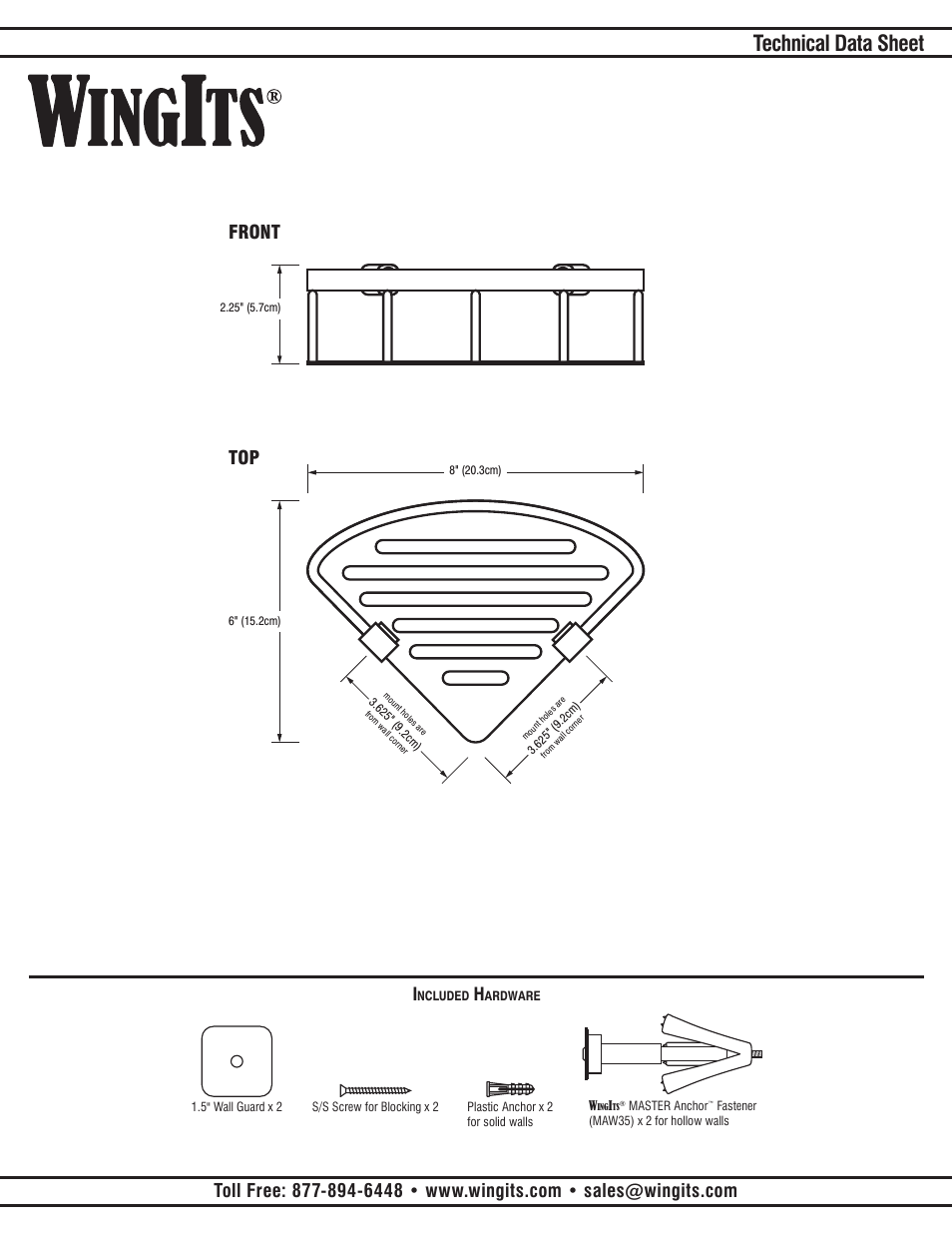 Technical data sheet, Front top | WINGITS CONTOUR Corner Basket WCONCBPS8 User Manual | Page 2 / 2