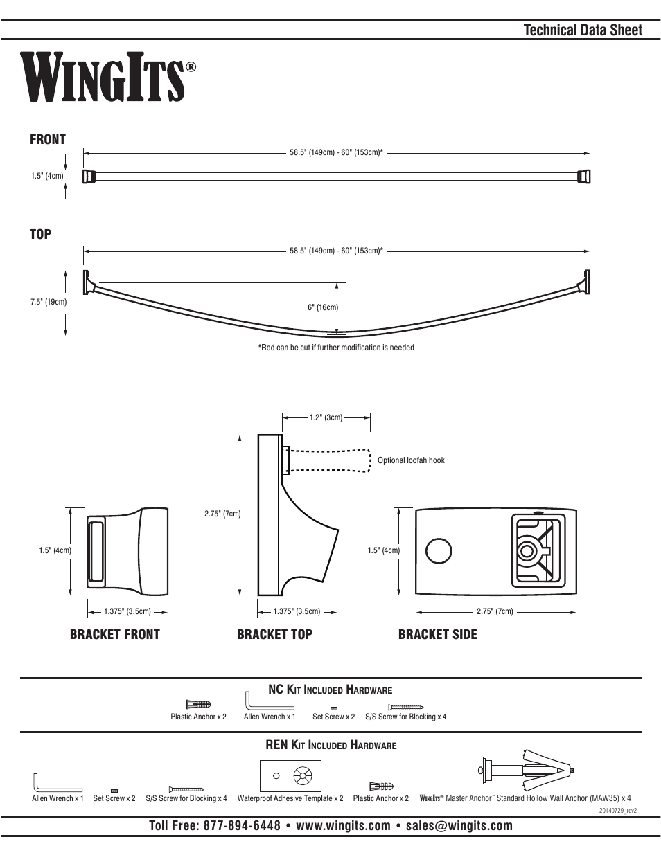 Technical data sheet, Nc k, Ren k | Front top bracket front bracket top bracket side | WINGITS CONTOUR Curved Shower Rod WOCONREC5 User Manual | Page 2 / 2