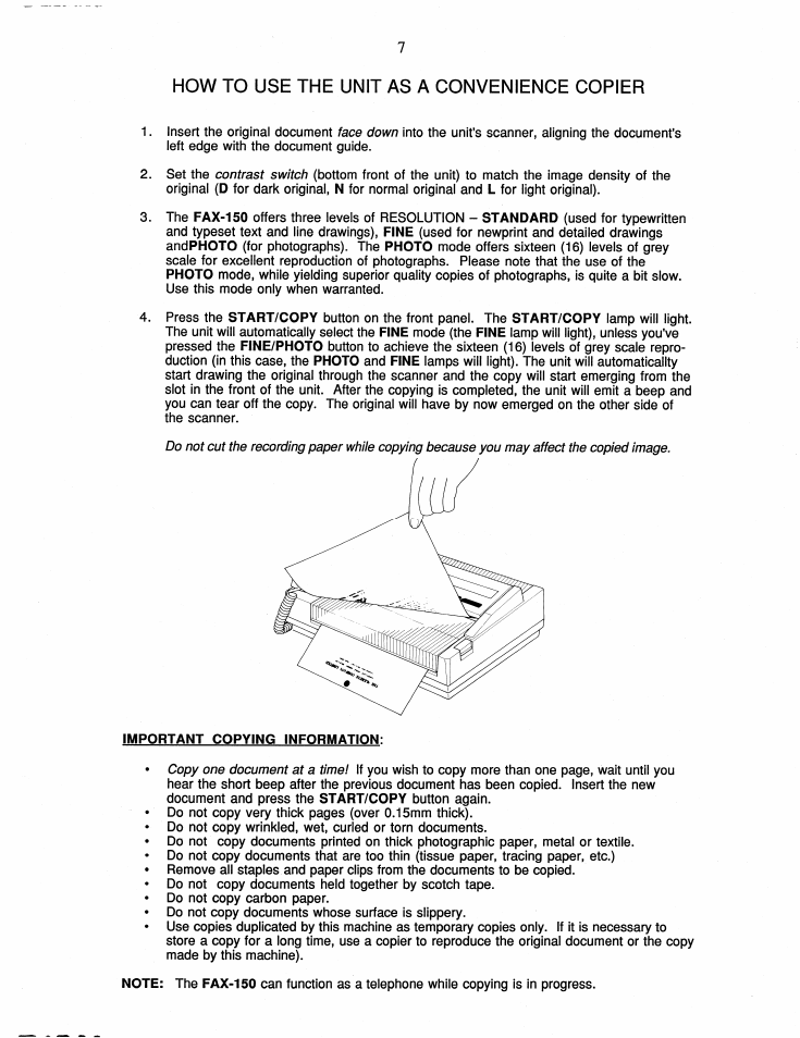 How to use the unit as a convenience copier | Brother FAX-150 User Manual | Page 13 / 36