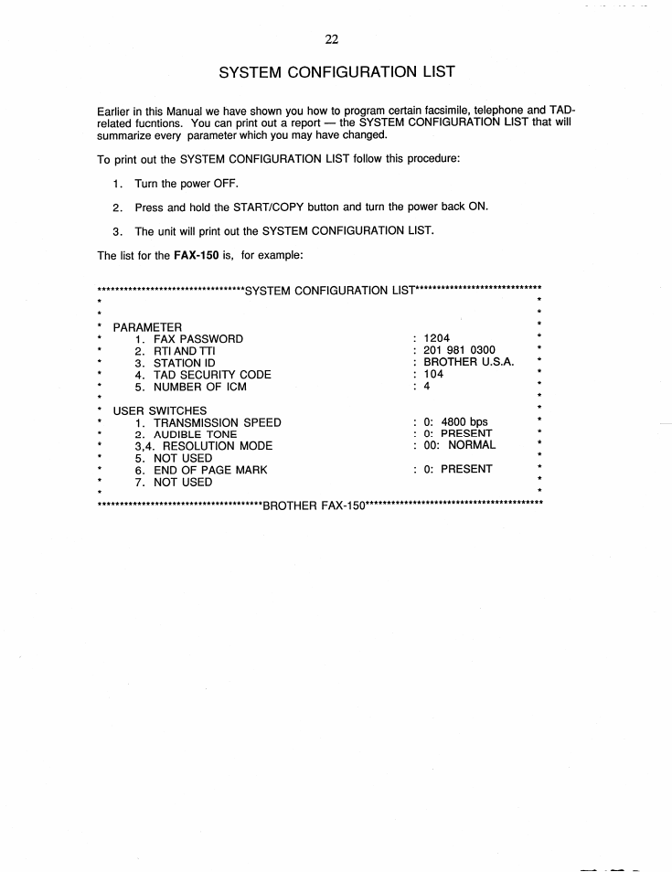 System configuration list | Brother FAX-150 User Manual | Page 28 / 36