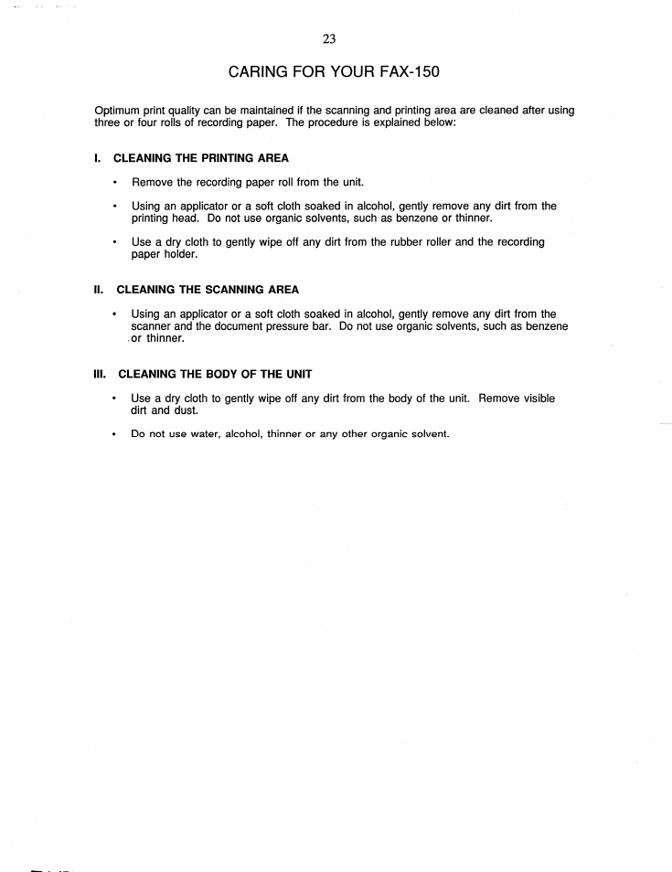 Caring for your fax-150 | Brother FAX-150 User Manual | Page 29 / 36