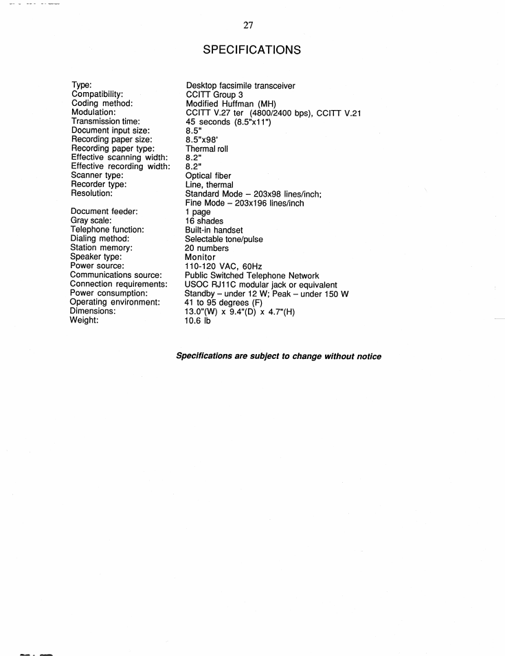 Specifications | Brother FAX-150 User Manual | Page 33 / 36