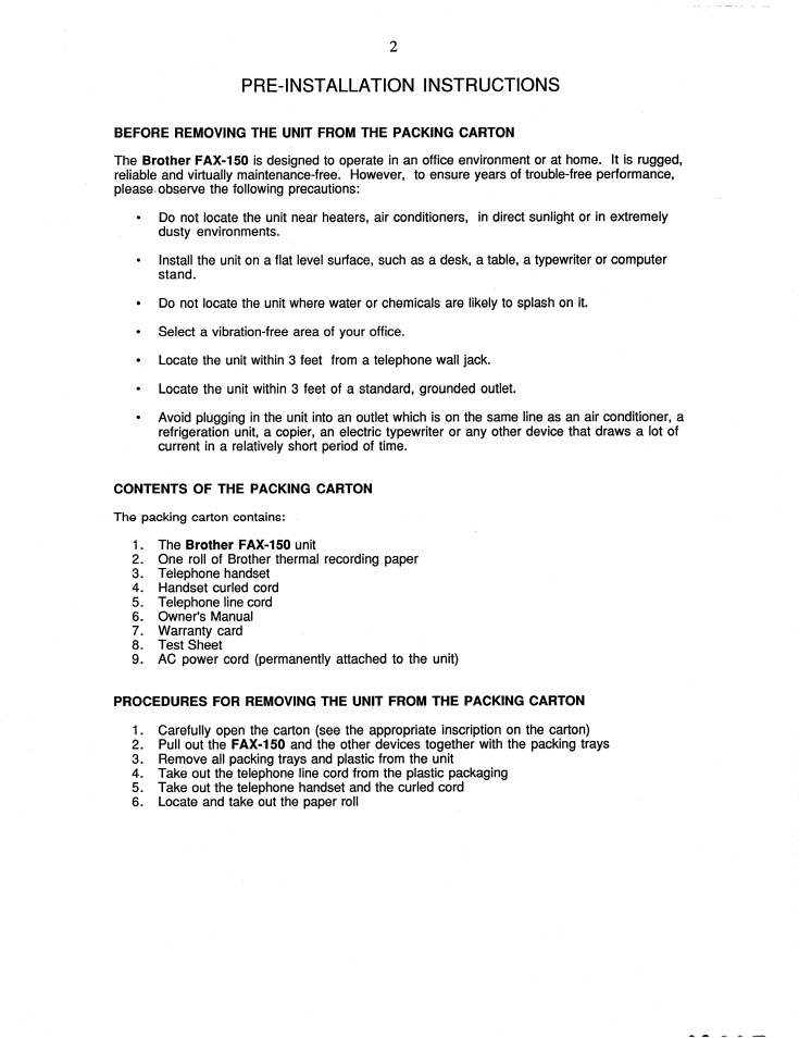 Pre-installation instructions | Brother FAX-150 User Manual | Page 8 / 36