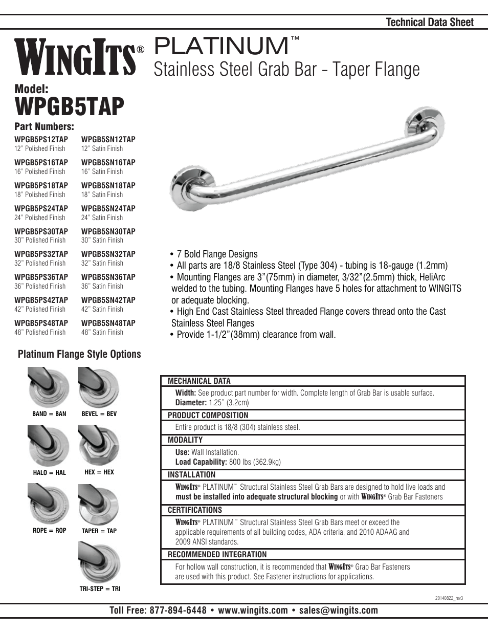 WINGITS PLATINUM Grab Bar WPGB5PSxxTAP User Manual | 2 pages