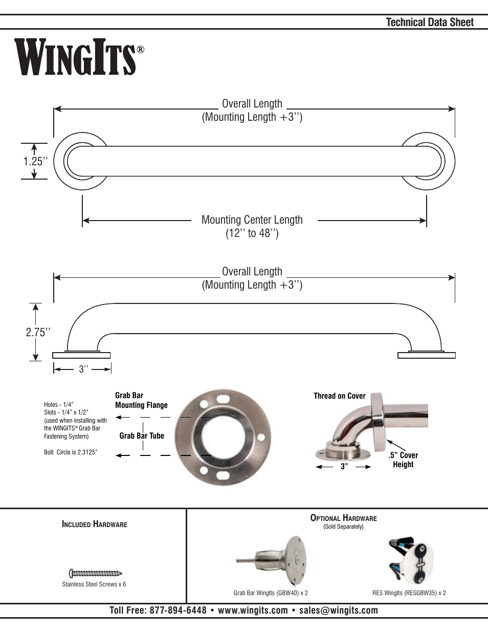 Technical data sheet, 12’’ to 48’’) | WINGITS PLATINUM Grab Bar WPGB5PSxxTAP User Manual | Page 2 / 2