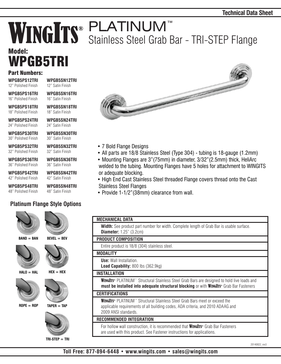 WINGITS PLATINUM Grab Bar WPGB5PSxxTRI User Manual | 2 pages