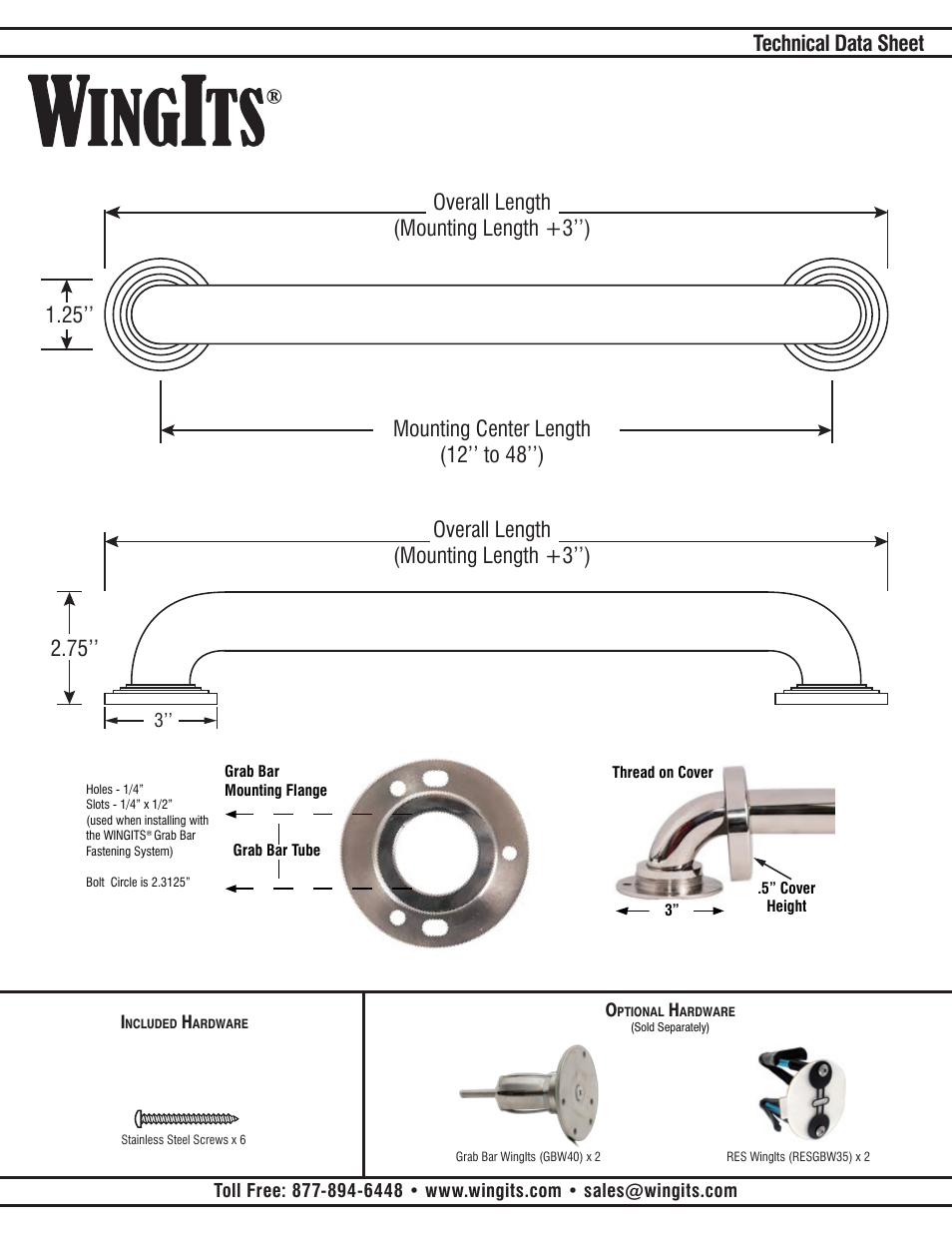 Technical data sheet, 12’’ to 48’’) | WINGITS PLATINUM Grab Bar WPGB5PSxxTRI User Manual | Page 2 / 2